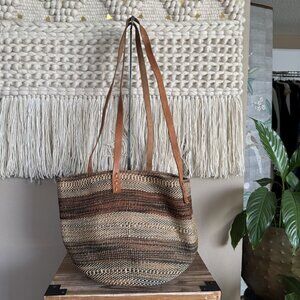 90s Vintage Leather Strap Brown Woven Raffia Farmers Market Bucket LRG Tote Bag